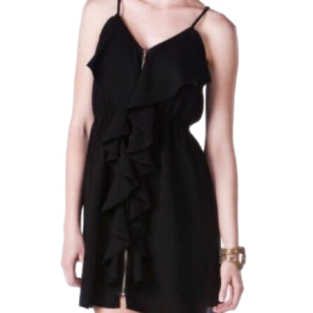 Francesca’s Alya Black Zip Front Ruffle Mini Dress, Medium